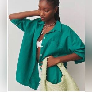 Maeve The Bennet Button Down Shirt Linen Edition Size XXSP, Kelly Green